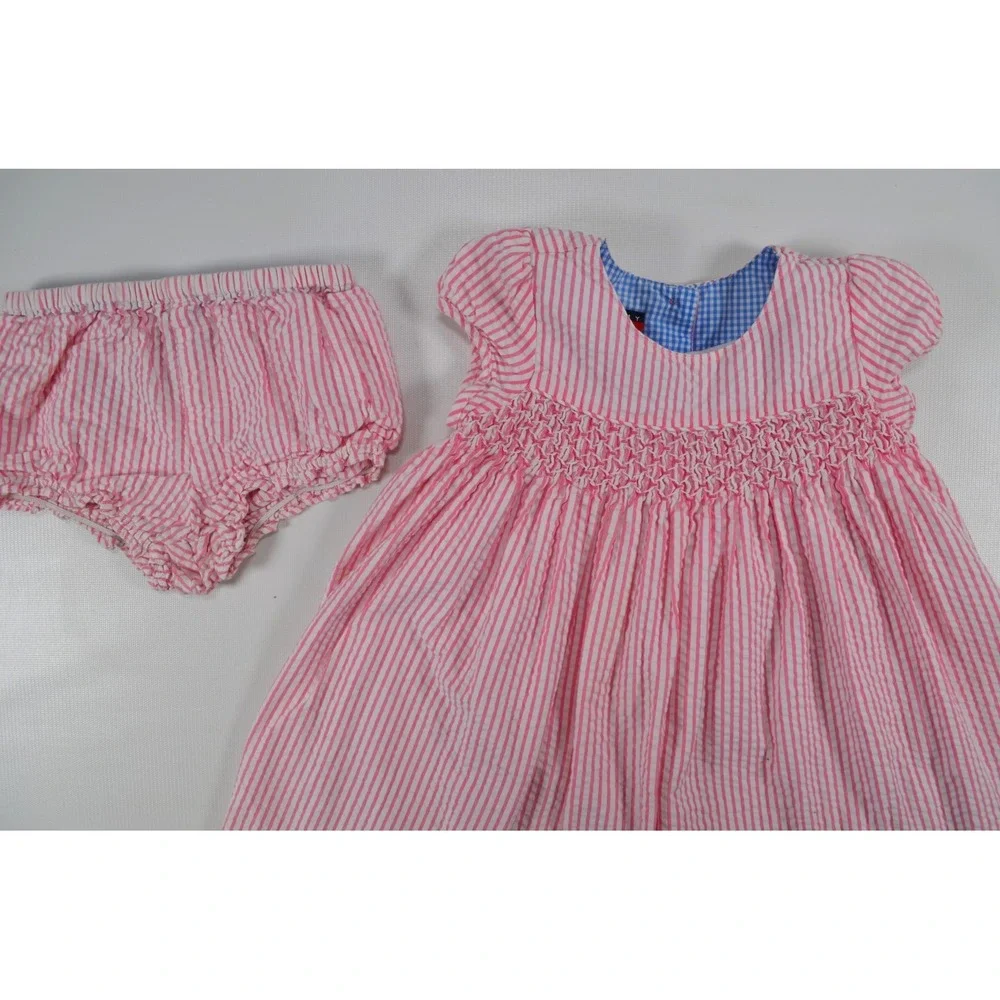 Tommy Hilfiger Vintage‎ Girls Dress Seersucker Pink Striped Size 12-18 Months
